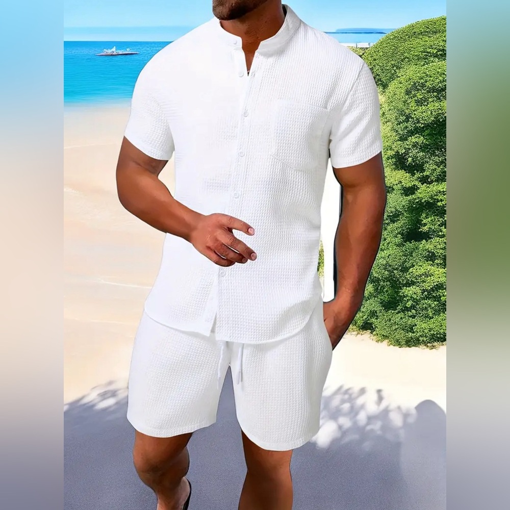 Men's 2-Piece Summer Set: Waffle Knit, Button-Up Shirt, Drawstring Shorts